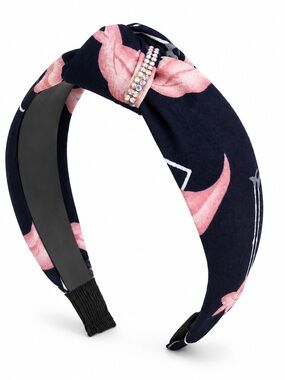 Navy and Pink Floral Knot Headband with Rhinestone Accent